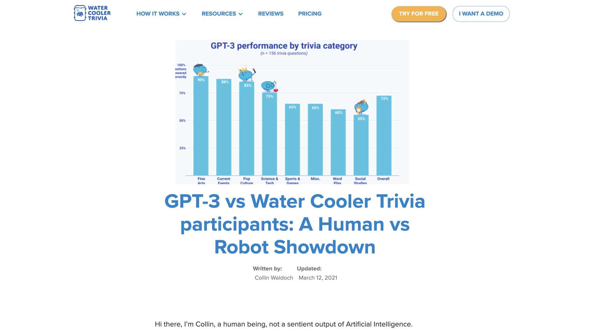 GPT-3 vs Water Cooler Trivia participants